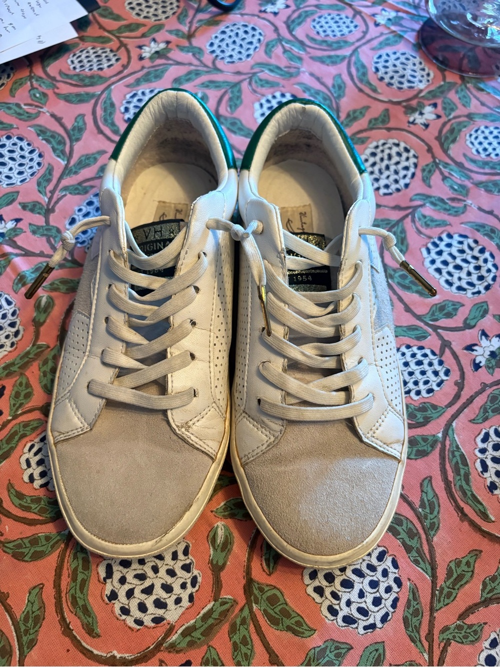 Vintage Havana White Sneakers with Light Gray Suede and Green Heel Trim